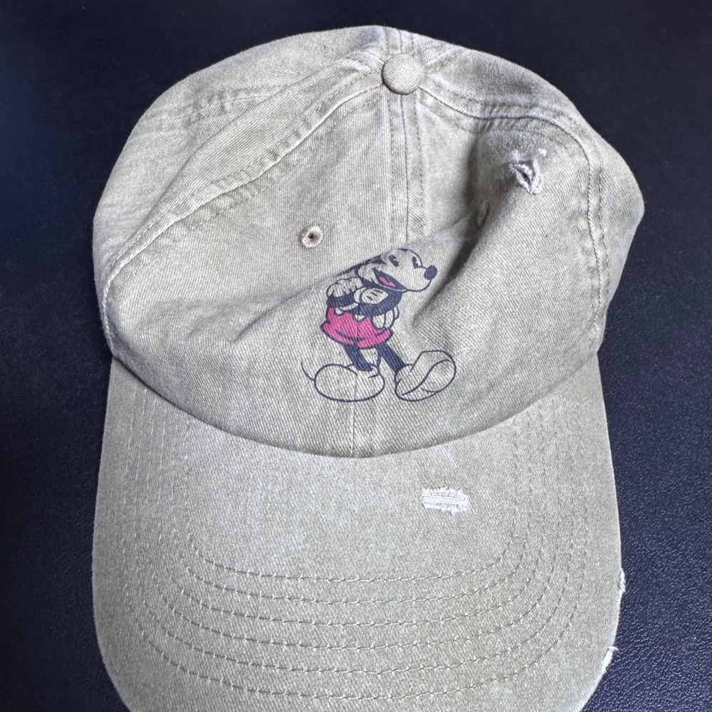 Disney Parks Mickey Mouse Baseball Cap OS Khaki Tan Graphic Distressed Hat